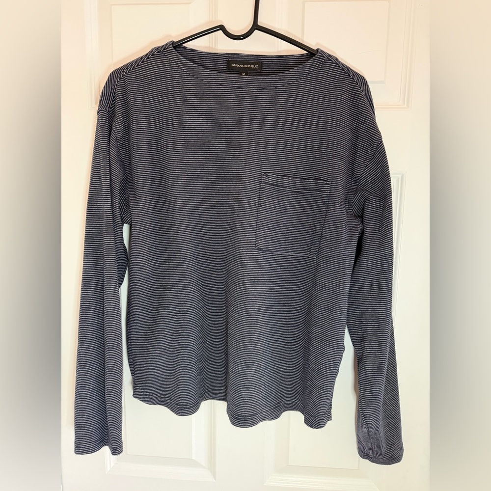Banana Republic Men's Dark Blue Striped Long Sleeve Shirt